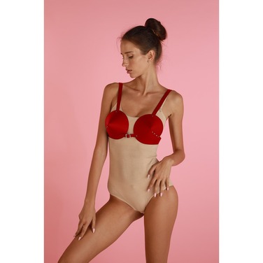 Бюстгалтер - конус 'L27' RED, экокожа, ручная работа, красный