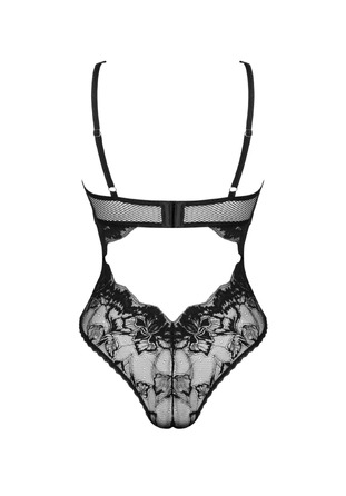 Боди кружевное Obsessive Olvidia спереди отделано нежной бежевой сеткой, черный, XS/S