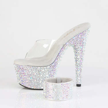 Шльопанці Bejeweled-712MS на підборі 7 дюймів, інкрустовані шльопанці 2 3/4 дюйма з PF RS, з манжетою в тон, прозорі/срібні стрази