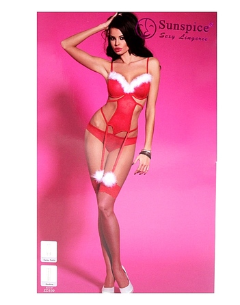 Новорічний костюм Sunspice Міс Санта боді мереживо з пушком, панчохи, червоний+білий, S/M