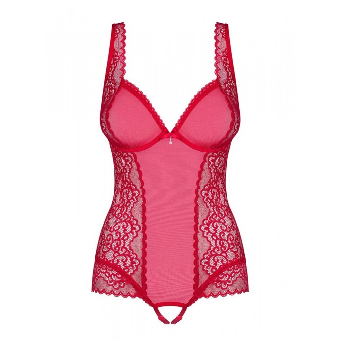 Боді з мереживними вставками Obsessive Rougebelle і відкритим доступом, червоний, S/M