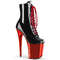 Ботинки Pleaser Flamingo-1020, каблук 8 дюймов, 4-дюймовые шнурки, боковая молния, чёрный/красный хром