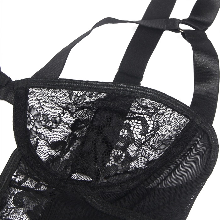Боди с подвязками на лямках Star Night с кружевом, чёрное, XS-S