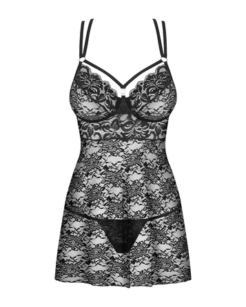 Комплект мереживний Obsessive 860-BAB-1 пеньюар та трусики стрінги, чорний, S/M