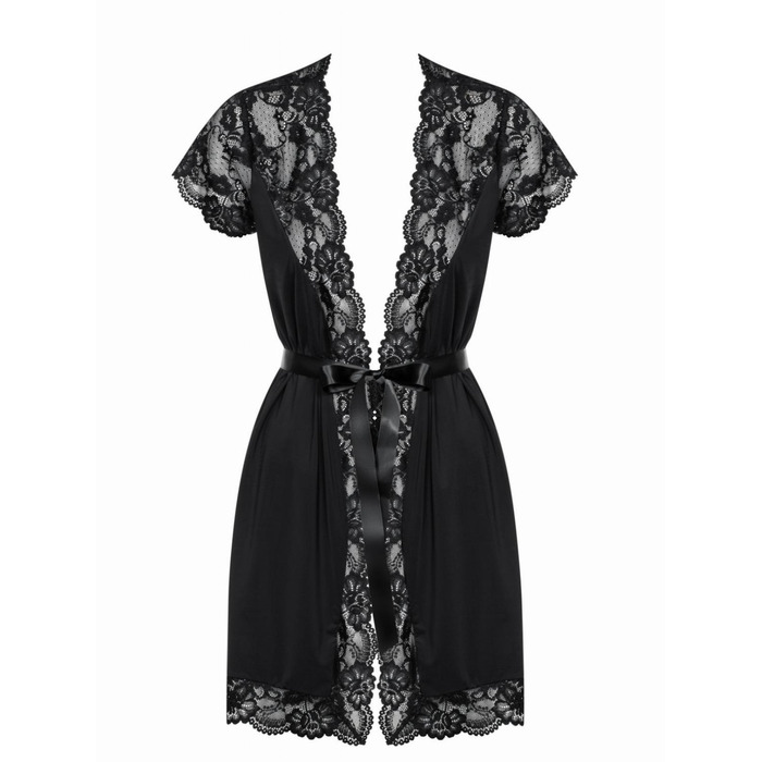 Халат атласный Obsessive 810-PEI-1 с кружевами, черный, S/M