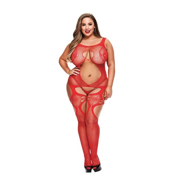 Комбінезон у дрібну сітку з візерунками Lapdance Lingerie червоний, Size Plus