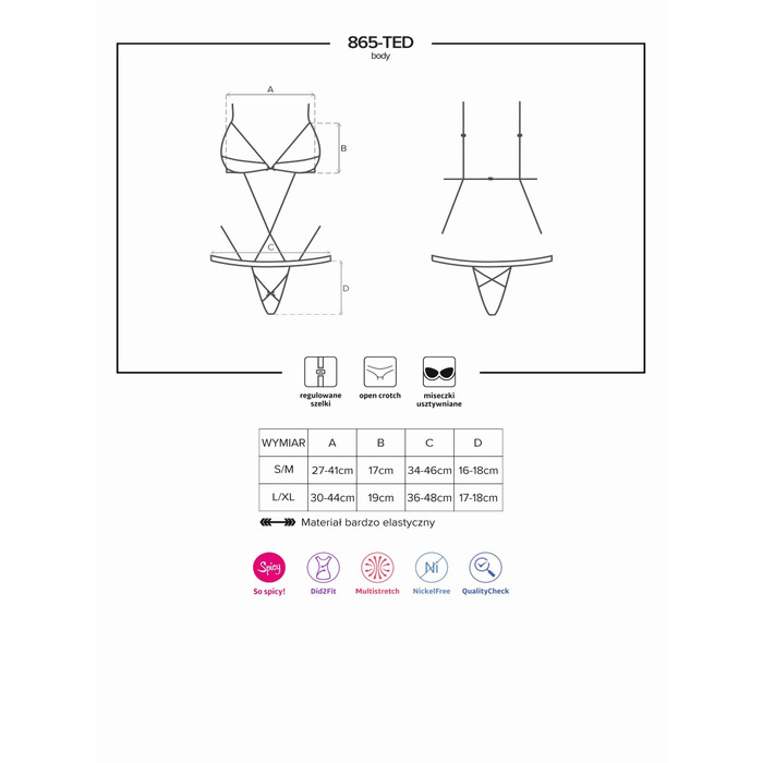 Боди с тонкими стрепами и кружевными вставками Obsessive 865-TED-1 черный, L/XL