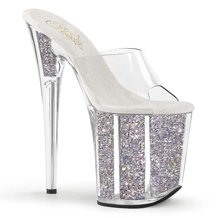 Шльопанці Flamingo-801G на підборах 8 дюймів, шльопанці PF 4 дюйми з блискітками на підборах, прозорі/сріблясті