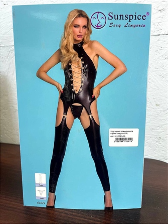 Комбинезон черный с чулками Sunspice и стринги в комплекте, L/XL