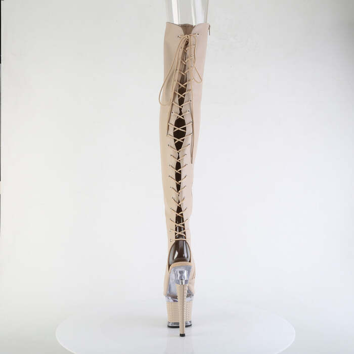 Сапоги Spectator-3030, каблук 7 дюймов, 3-дюймовые текстурированные PF-сапоги со шнуровкой сзади, молния сбоку, бежевая искусственная кожа/прозрачно-бежевый