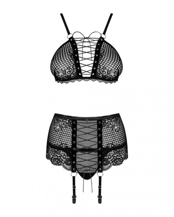 Комплект со шнуровкой и поясом для чулок Obsessive Basitta, черный, S/M