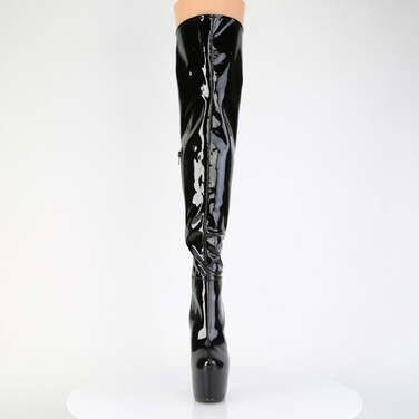 Чоботи Jubilant-3006 на підборах 7 дюймів, прихована застібка 3 дюйми, еластичні черевики до стегна, бічна блискавка, чорний еластичний лак