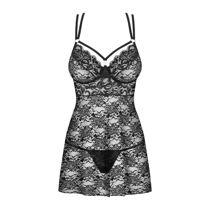 Комплект мереживний Obsessive 860-BAB-1 пеньюар та трусики стрінги, чорний, S/M