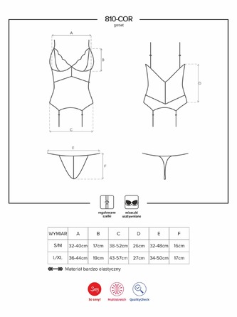 Корсет Obsessive 810-COR-1 с кружевом и пажами для чулок, черный, S/M