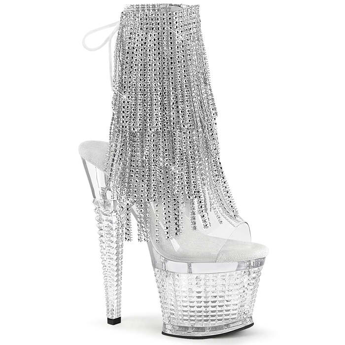 Ботинки Spectator-1017RSF, каблук 7 дюймов, фактурный PF, открытый носок/пятка 3 дюйма, шнуровка, бахрома до щиколотки, прозрачный/серебристый