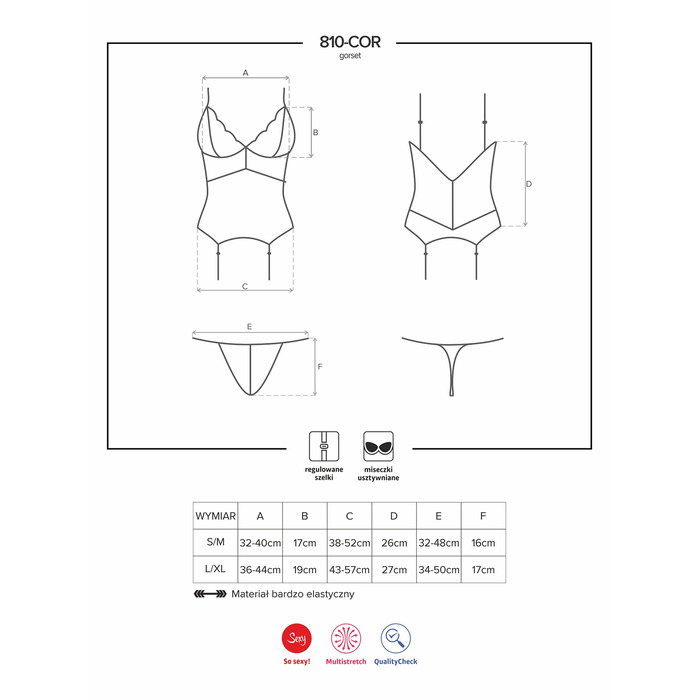 Корсет Obsessive 810-COR-1 с кружевом и пажами для чулок, черный, S/M