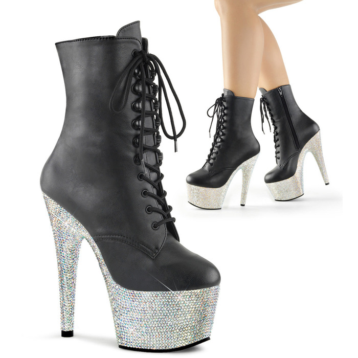 Чоботи Bejeweled-1020-7 *7 дюймів на підборах, 2 3/4 дюйма зі шнурівкою спереду, чорна веганська шкіра/сріблясті