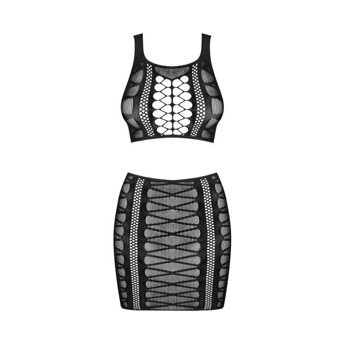 Комплект топ и юбка с сетчатыми вставками и узорами K102 Obsessive, черный, S/M/L