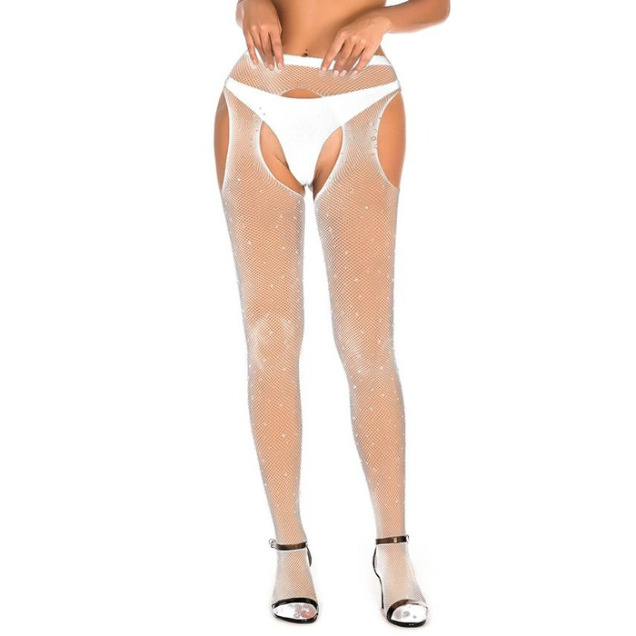 Колготы эротические белые Star Night с открытым доступом и стразами, XS-M