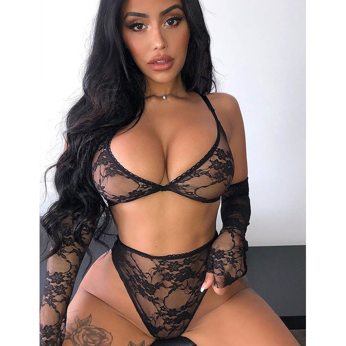 Комплект білизни з рукавичками Star Night мереживний, чорний, XS-S