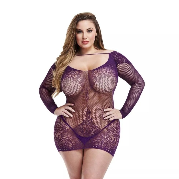 Кружевное мини-платье с длинными рукавами Lapdance Lingerie фиолетовое, Size Plus