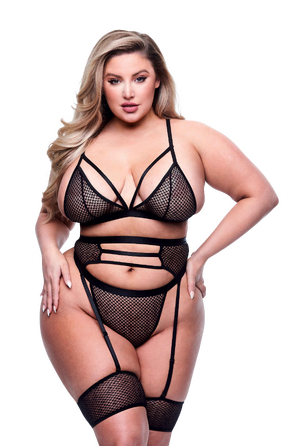 Комплект білизни 3PC STRAPPY BRA, GARTER & PANTY SET BLACK, QUEEN