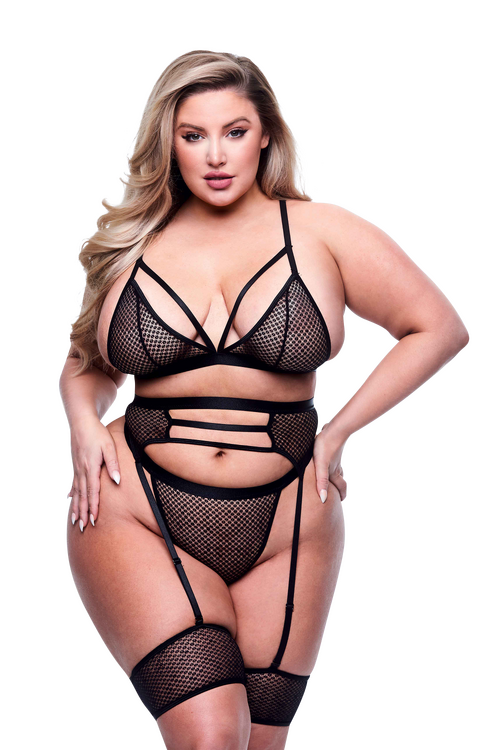 Комплект білизни 3PC STRAPPY BRA, GARTER & PANTY SET BLACK, QUEEN