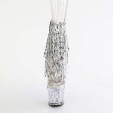 Ботинки Spectator-1017RSF, каблук 7 дюймов, фактурный PF, открытый носок/пятка 3 дюйма, шнуровка, бахрома до щиколотки, прозрачный/серебристый