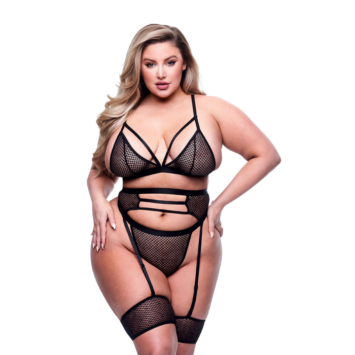 Комплект білизни 3PC STRAPPY BRA, GARTER & PANTY SET BLACK, QUEEN
