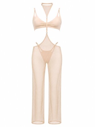 WHISPER DUST Pole Dance Комплект із 3 Елементів: Топ, Трусики та Широкі Сітчасті Штани з Портупеєю з Блиском для Pole Dance, Exotic та Сценічних Виступів - бежевий