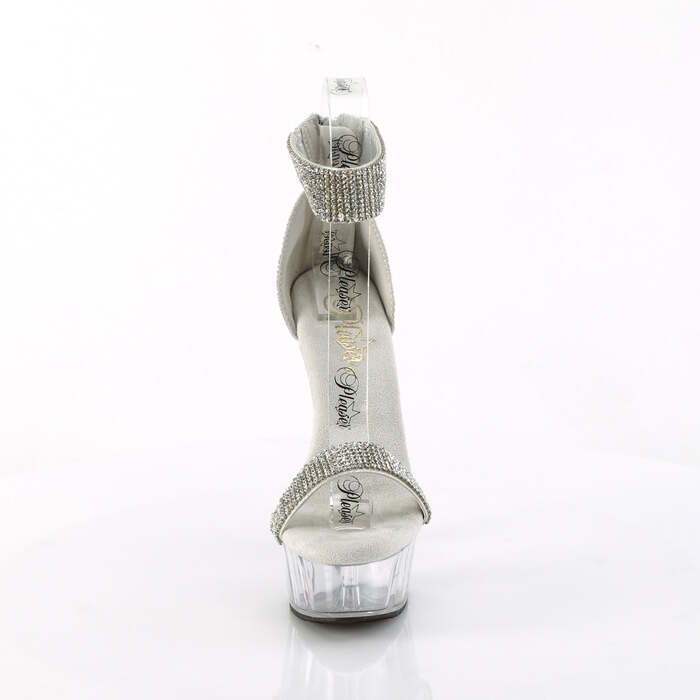 Босоніжки Delight-641 на підборах 6 дюймів, зі стразами 1 3/4 дюйма з закритою спинкою, блискавка ззаду, срібляста тканина/прозора