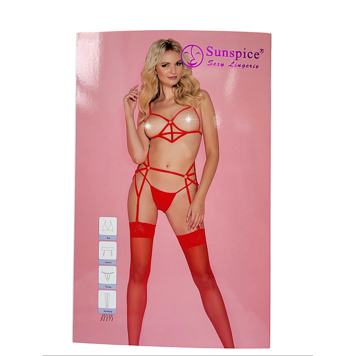 Комплект контурного красного белья Sunspice бра (открытый доступ) и чулки с поясом, S/M