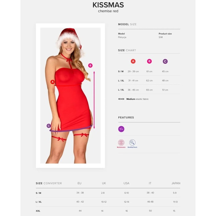 Комплект- платье и шапка Санты Obsessive Kissmas chemise, красный, XXL