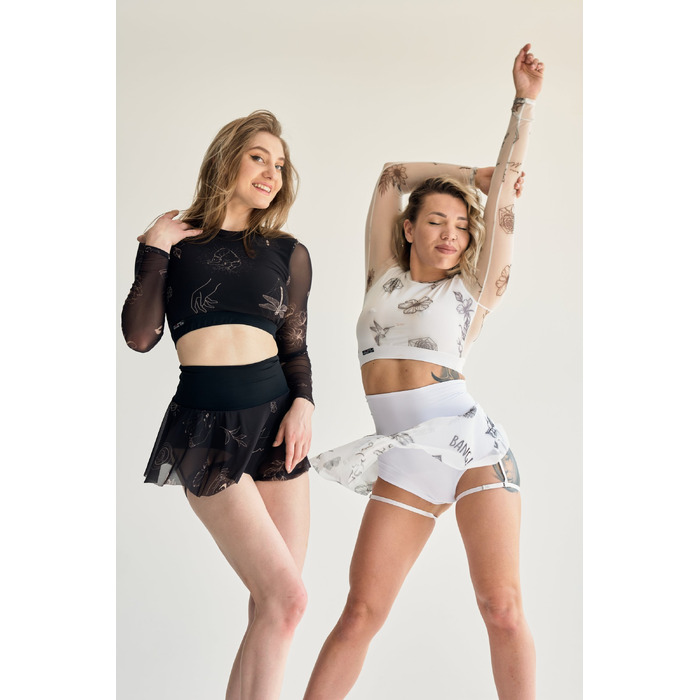 Dance Tattoo — Високі Шорти-Спідниця з Сіткою та Принтами для Pole Dance, Heels і Cценічних Виступів - білий
