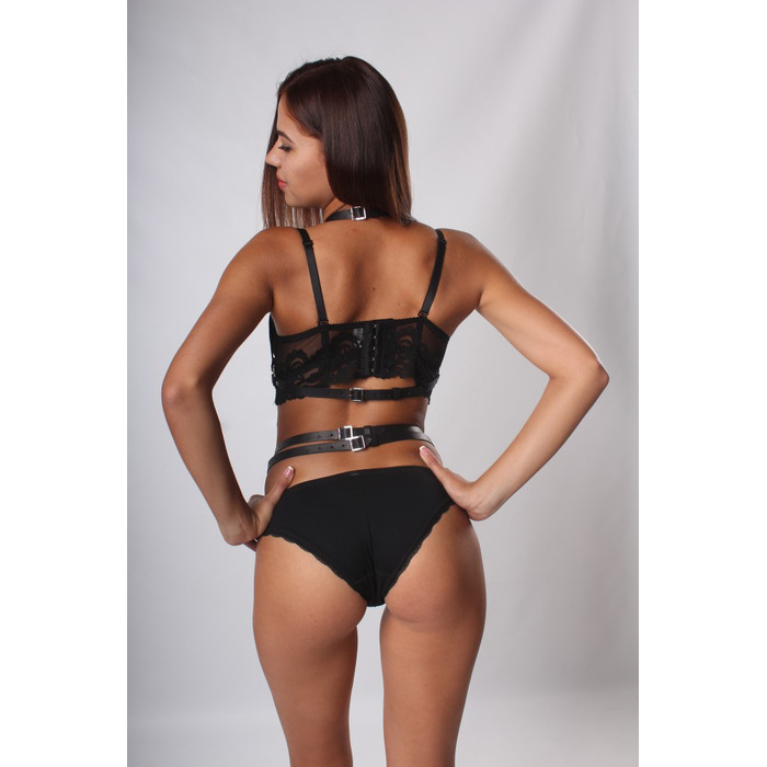 Портупея та пояс для панчох з бантиками Candy Hero 'Kit17' з екошкіри, ручна робота, чорний