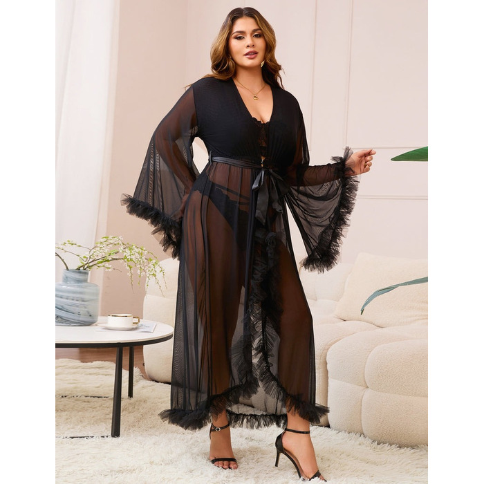 Халат Star Night з мереживом та поясом, чорний, XS-S