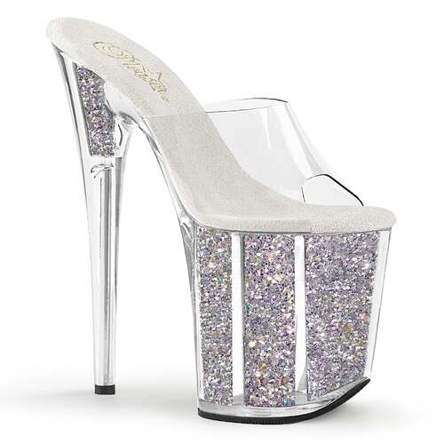 Шльопанці Flamingo-801G на підборах 8 дюймів, шльопанці PF 4 дюйми з блискітками на підборах, прозорі/сріблясті