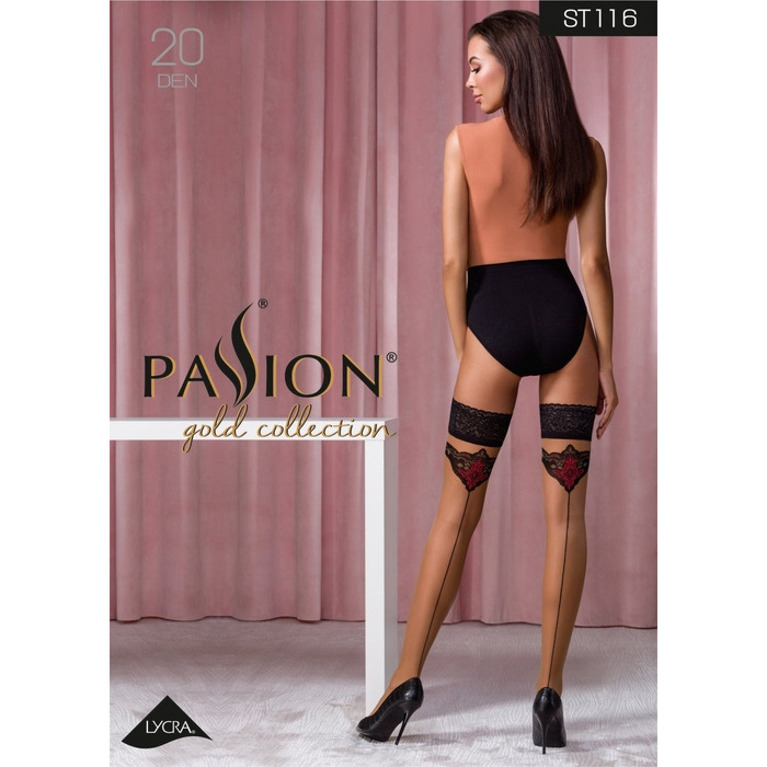 Мереживні панчохи ST116 бежеві з чорно-червоним оздобленням 1/2 (20 den) - Passion