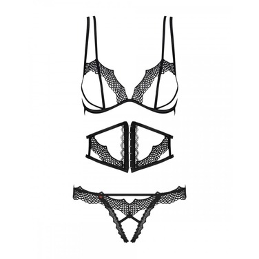Комплект з бюстьє, трусиків та корсета з відкритими грудьми, Obsessive Bravelle чорний, L/XL