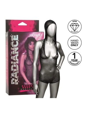 Боди-сетка в стразах с капюшоном CalExotic Hooded Deep V Bodysuit, черный