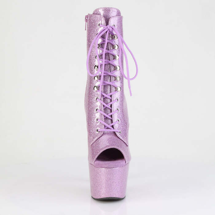Чоботи Adore-1021GP *7-дюймовий каблук, 2 3/4-дюймові черевики на шнурівці з відкритим носком, блискавка збоку, бузковий блискітки, лаковані