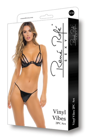 Комплект белья Rene Rofe Vinyl Vibes, винил с кружевом, черный, S/M