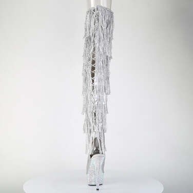 Сапоги Bejeweled-3017HG-RSF-6, каблук 6 дюймов, высота 3,5 см, 7-слойная бахрома, шнуровка, ботфорты с RS, серебристый голографический металлик/серебряные стразы