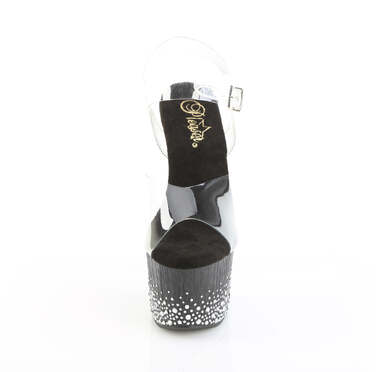 Босоніжки Adore-708SPKL-01 на підборах 18 см, платформа 7 см, з ремінцем на щиколотці та декором із розсипчастих стразів, колір: прозорий/чорний-сріблястий