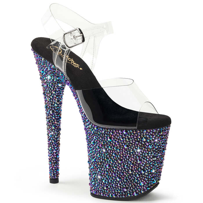 Босоножки Bejeweled-808MS на платформе: каблук 20 см, платформа 10 см, с ремешком на щиколотке и регулируемым ремешком, прозрачные с черными стразами