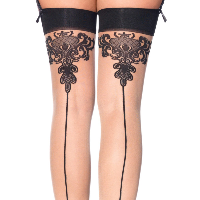 Панчохи з візерунками One Size Tana Sheer Thigh High Stockings від Leg Avenue, бежево-чорні
