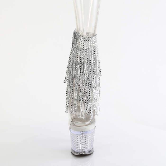 Ботинки Spectator-1017RSF, каблук 7 дюймов, фактурный PF, открытый носок/пятка 3 дюйма, шнуровка, бахрома до щиколотки, прозрачный/серебристый