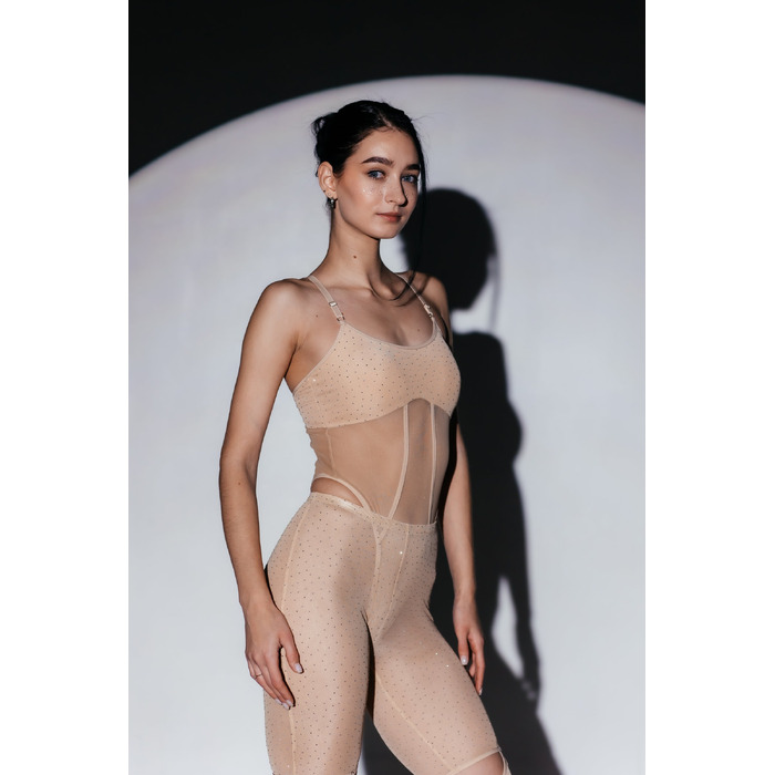 SKINELLE Mesh Crystal Боді з Камінням та Рукавичками для Сцени, Pole та Exotic на Підборах - бежевий