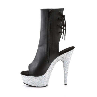 Чоботи Delight-1018LG *6-дюймовий каблук, 1 3/4-дюймовий відкритий носок/каблук до щиколотки, бічна блискавка, чорні веганські шкіряні/сріблясті