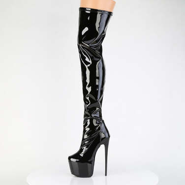 Чоботи Jubilant-3000 на підборах 7 дюймів, приховані чоботи до стегна 3 дюйми з еластичним покриттям PF, блискавка збоку, чорний еластичний лак